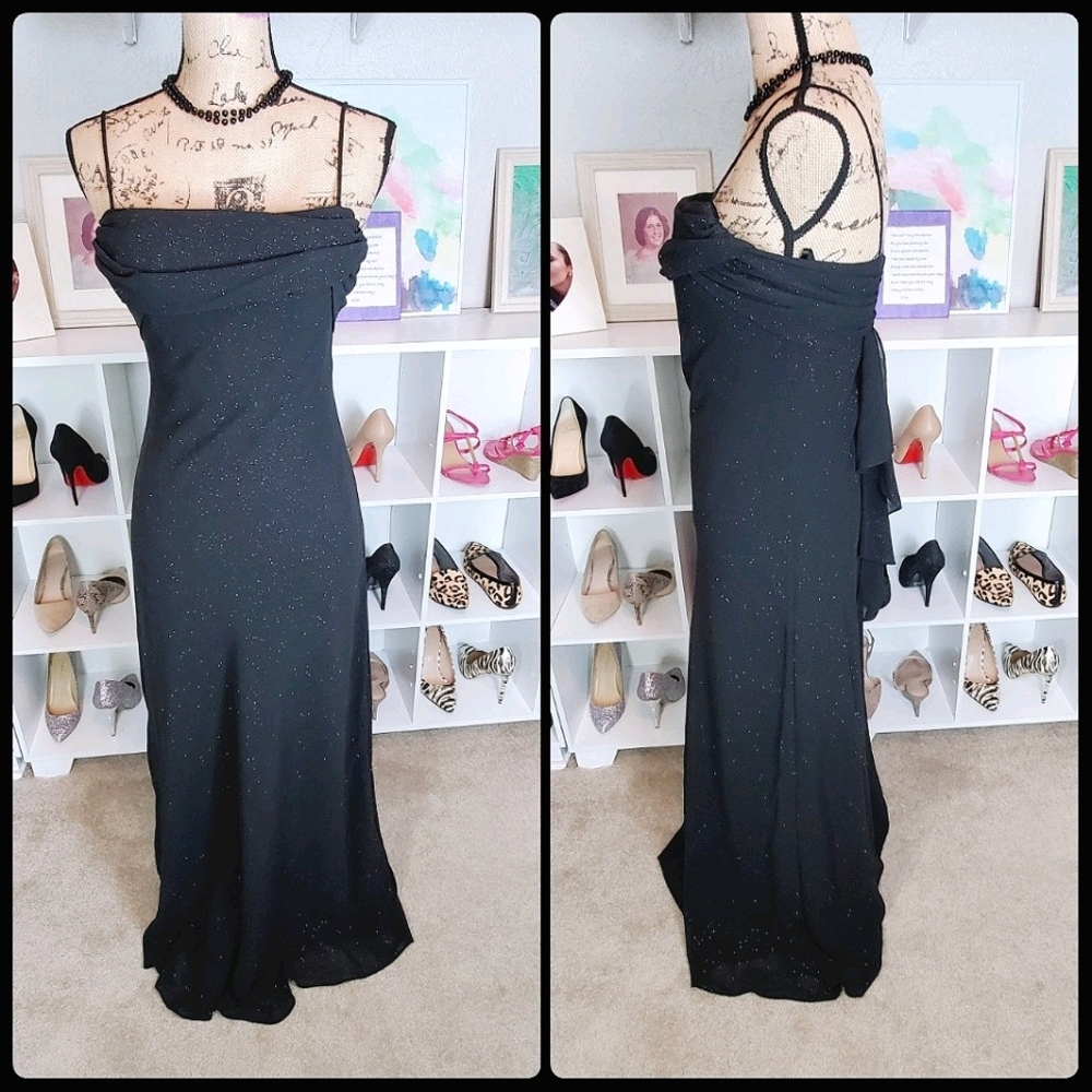 Betsy & Adam Black Sparkle Cowl Neck Evening Gown Dress Size 6
